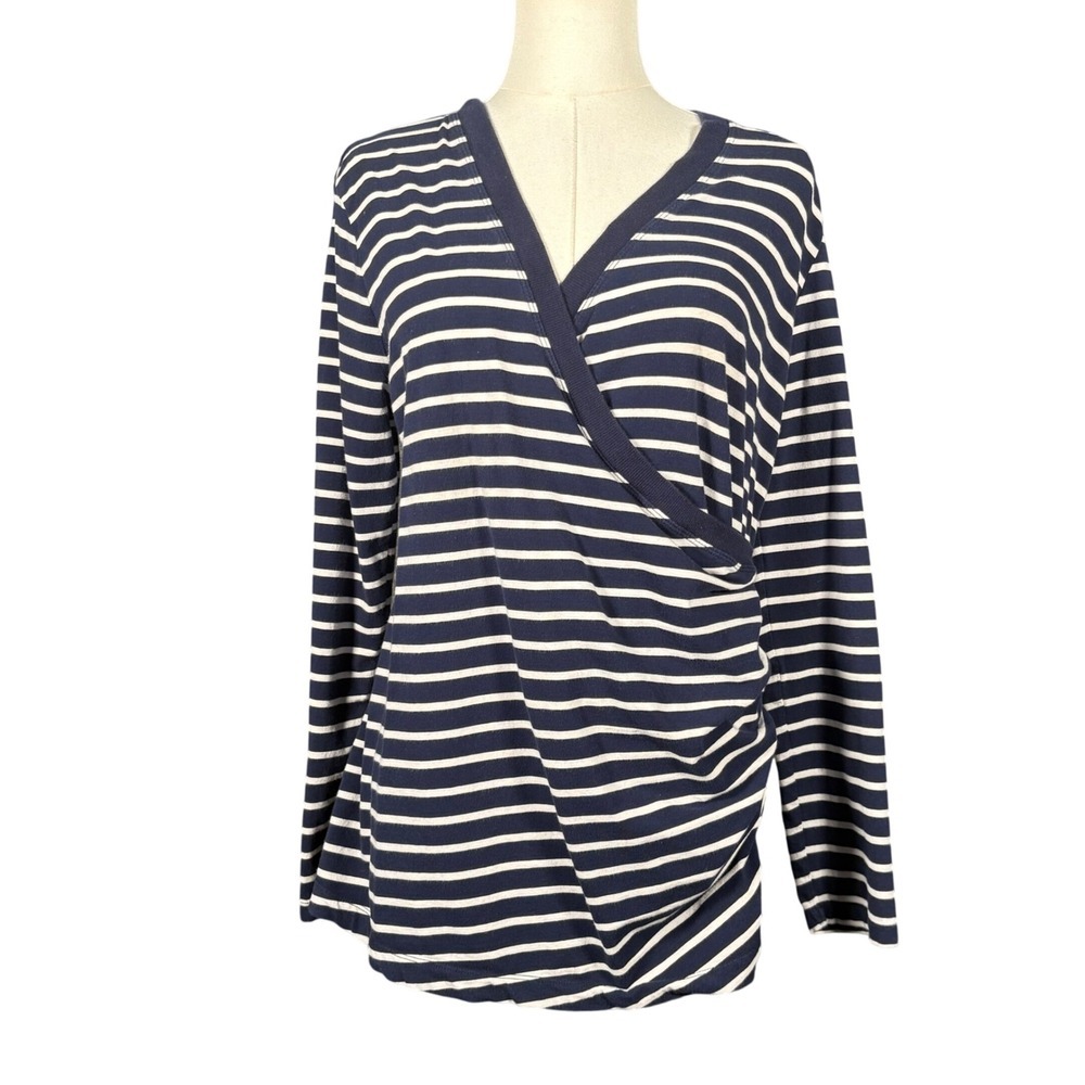 GapBody Wrap Front Ruched Womens Navy Blue White Striped Long Sleeve Top Large